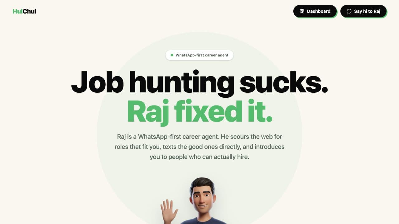 Live HulChul homepage showing Raj, the WhatsApp-first career agent